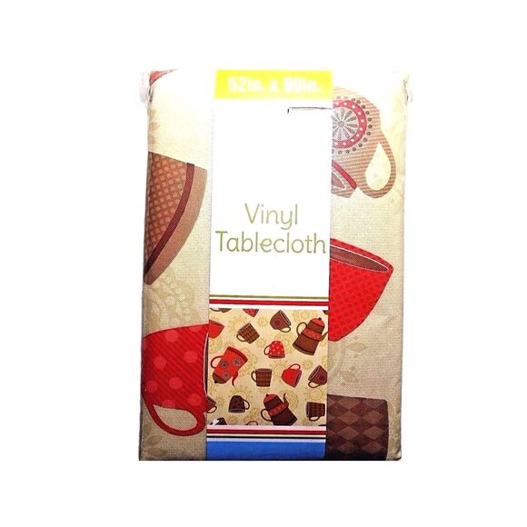 Coffeepot Coffee Mugs Tablecloth 52 x 90 Brown Red on Beige Vinyl PVC-Free NEW - Picture 2 of 3